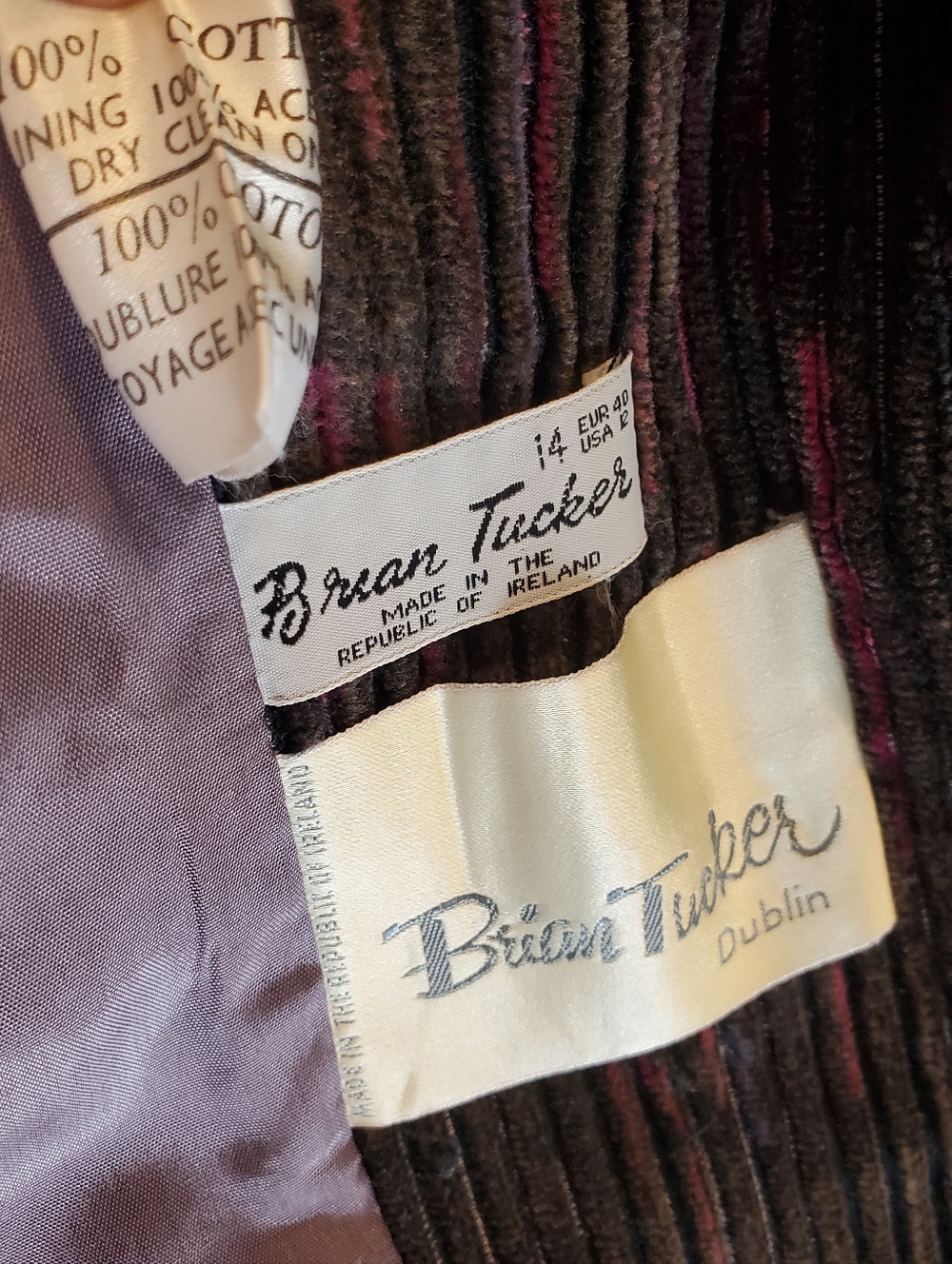 Vintage 60s Large Cord Suit Jacket Brian Tucker Dublin Black Coat Pink Stripes - Picture 12 of 16